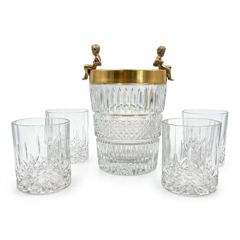 5 Piece Vtg  Cut Crystal Ice Bucket with 4 Lowball Glasses Gold Cherub Handles